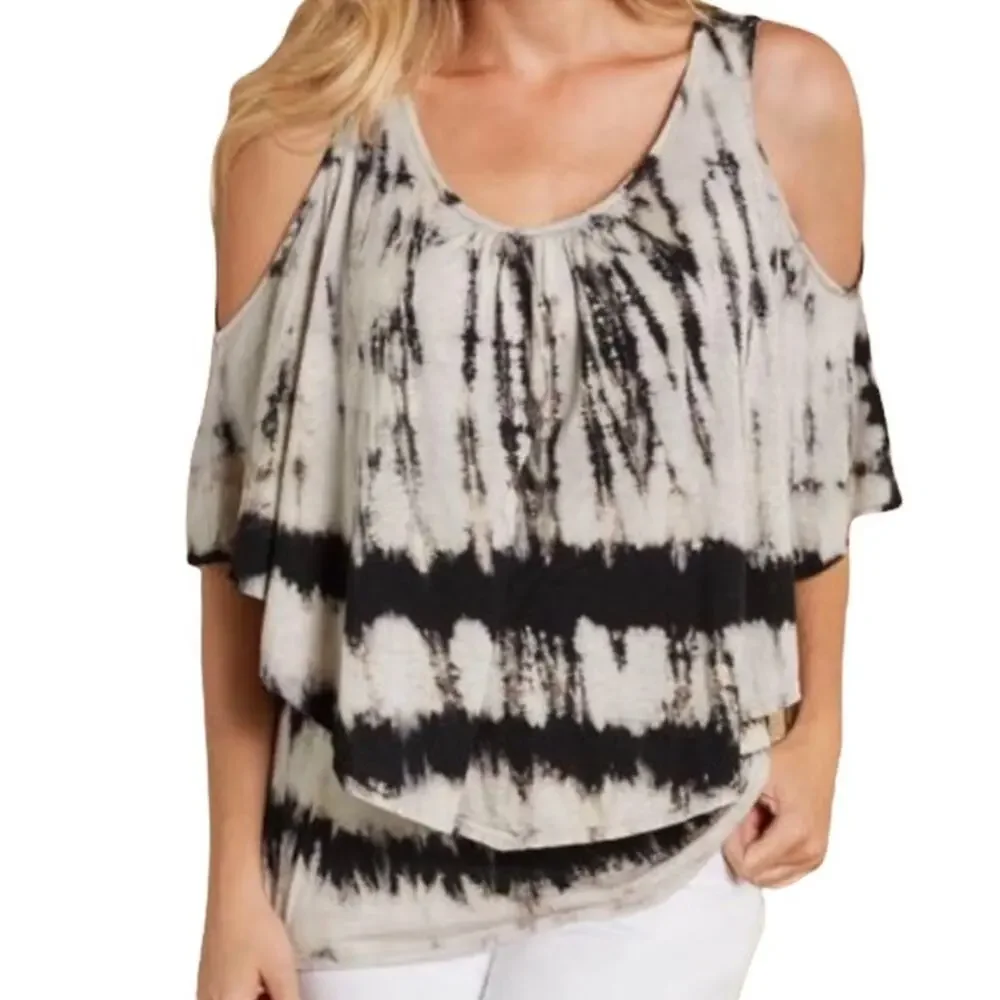 Soft Surroundings Tiered Tie Dye Cold Shoulder Linen Flutter Top